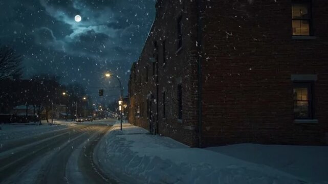 Snowy street scene at night with a brick building and a bright moon