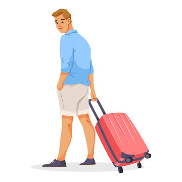Man in casual clothes holding red suitcase, cartoon style, white background. Concept of travel, tourism, vacation. Vector illustration