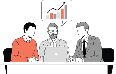 Three businessmen in a meeting discussing a rising growth chart, illustrating business success, data analysis, and financial presentation, vector illustration.