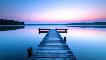 Obraz premium A wooden pier stretches into a serene lake reflecting the soft colors of a sunrise, with a distant tree line on the horizon.