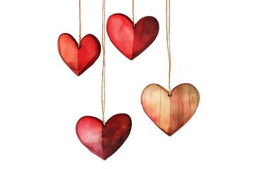 Simple Wooden Hearts Clipart Red Watercolor Isolated on Transparent Background