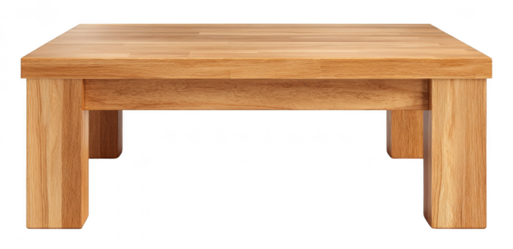 Modern minimalist wooden coffee table, isolated on transparent background, clean design, studio lighting, high detail