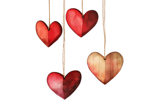 Simple Wooden Hearts Clipart Red Watercolor Isolated on Transparent Background