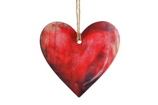 Red Watercolor Wooden Heart Vector Hanging on String Isolated on Transparent Background