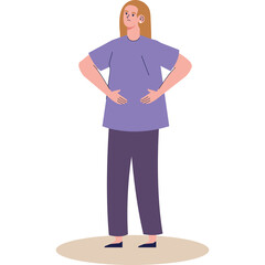 A Young Woman Stands Confidently with Hands on Hips Wearing a Lavender T-shirt and Dark Purple Pants on a Transparent Background