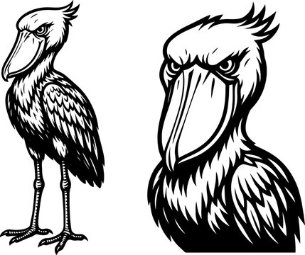 Adobe IlRetro Shoebill Poster &mdash; Vintage Xerography Engraving Style Shoebill Stork Full Body and Head Illustration in Bold Graphic Design