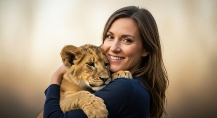 Woman holding a young lion cub, smiling warmly, with a soft blurred background, showcasing a bond between human and animal in a serene environment