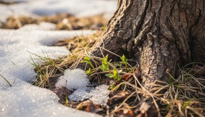 Tree trunk surrounded by melting snow and fresh green sprouts, concept of thaw, growth, nature renewal and beginning of spring season in woodland
