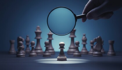 A chess pawn under magnifying glass symbolizing attention to detail and individual value in a strategic environment of competition and leadership