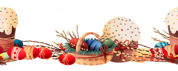 Horizontal Easter border with festive cakes, colorful eggs and willow branches arranged in a decorative row on a white background. Suitable for cards, invitations and seasonal holiday compositions