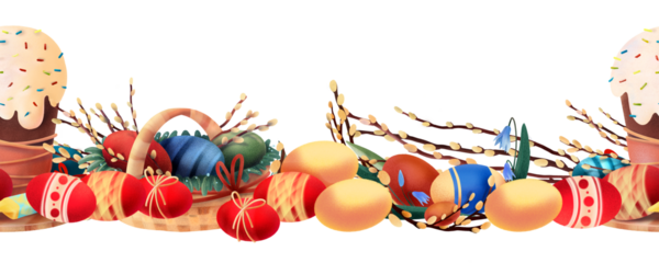 Horizontal Easter border with festive cakes, bright eggs and willow branches arranged in a decorative line on a white background, suitable for greeting cards, invitations and seasonal holiday layouts