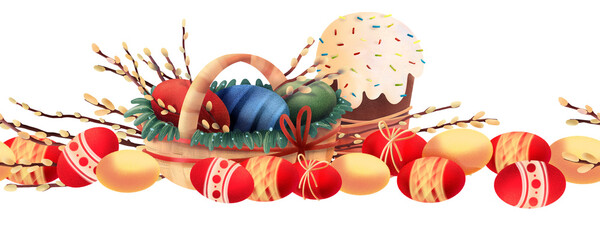 Festive Easter border with colored eggs, sweet cake and willow branches arranged in a horizontal...