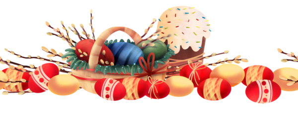 Festive Easter border with colored eggs, sweet cake and willow branches arranged in a horizontal composition on a white background. Suitable for cards, banners, seasonal templates and holiday layouts