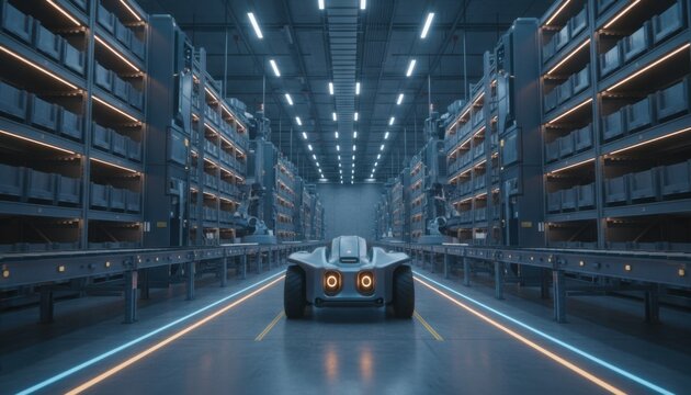 Futuristic automated warehouse with autonomous delivery car, concept of robotics, industry 4.0 and next generation logistics technology