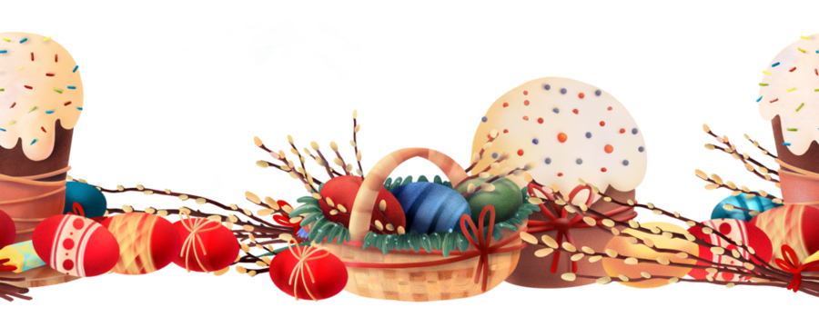 Horizontal Easter border with festive cakes, colorful eggs and willow branches arranged in a decorative row on a white background. Suitable for cards, invitations and seasonal holiday compositions