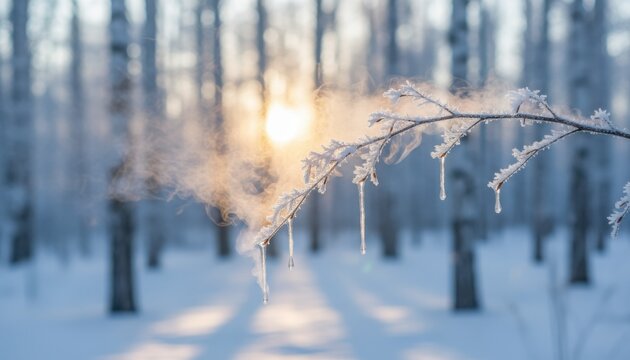 Frosty winter forest branch glistens in sunrise light, capturing serene cold beauty and quiet calm of northern morning landscape with frozen air and soft shadows