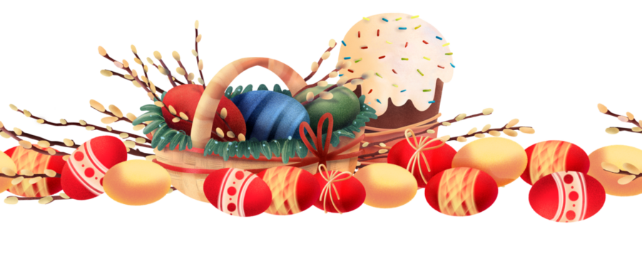 Festive Easter border with colored eggs, sweet cake and willow branches arranged in a horizontal composition on a white background. Suitable for cards, banners, seasonal templates and holiday layouts