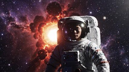 Astronaut in space exploring cosmic phenomena against a starry background