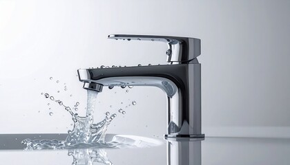 A sleek chrome faucet releasing a stream of water, creating a splash pattern with water droplets frozen in mid-air, illuminated by bright light and symbolizing freshness and innovation