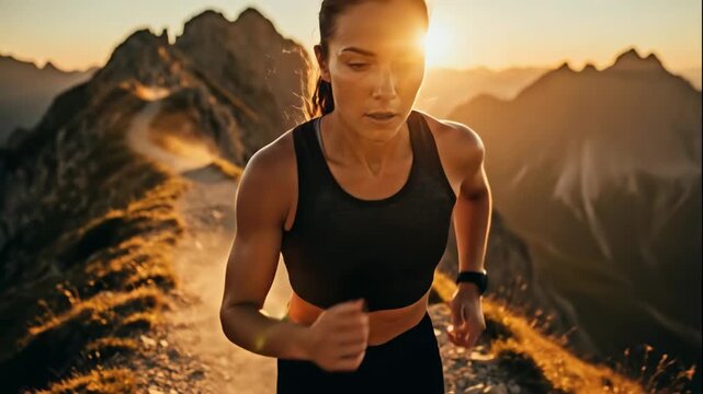 athletic attractive caucasian woman runs on mountain trail during beautiful golden sunrise. determination, endurance, and strength. healthy lifestyle concept. banner, website header.