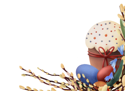 Easter cake, colorful eggs and willow branches forming a festive spring corner composition on a white background. Suitable for greeting cards, seasonal layouts, decorative templates