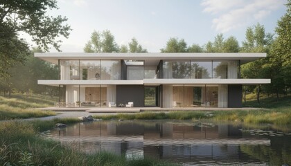 A modern glass house surrounded by forest and reflected in a tranquil pond, symbolizing harmony between architecture, nature, sustainability, and peaceful contemporary living