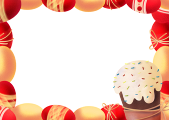 Easter holiday frame with dyed eggs, decorative ribbon elements and sweet cake with icing, creating a festive border suitable for greeting cards, posters, invitations and spring celebration templates