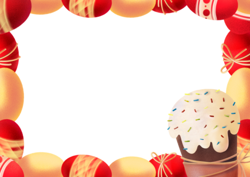Easter holiday frame with dyed eggs, decorative ribbon elements and sweet cake with icing, creating a festive border suitable for greeting cards, posters, invitations and spring celebration templates