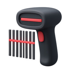 STYLE 3D render, A bar code scanner icon with clean scanner beam, black and light red tones, isolated on a white background