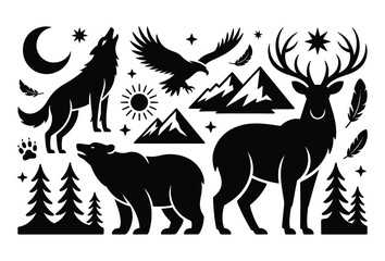 Silhouette of wildlife animals and nature elements in black and white design