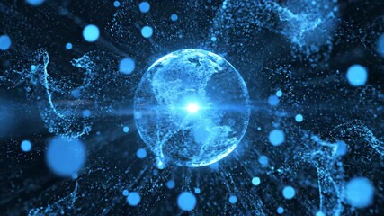 A vibrant abstract visualization depicts a glowing orb in the center emitting luminous blue particles outward into the darkness. - Powered by Adobe