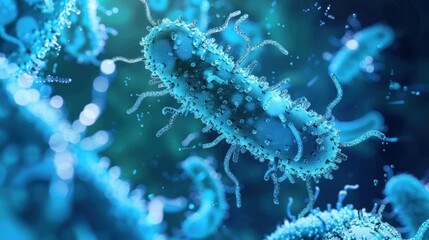 Close-up view of bacteria in a blue environment. Microscopic organisms exhibit various shapes and sizes, showcasing their intricate structures and movements.