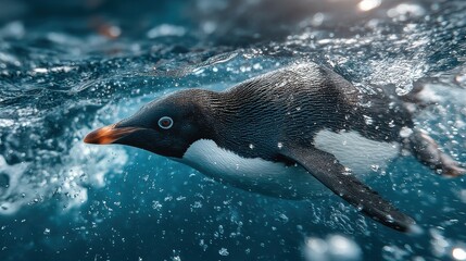 penguin swimming underwater through bubbles, vivid blue water, dynamic motion and sharp eye contact, sleek black-and-white plumage shimmering with light,