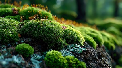 Lush green moss growing on forest rock with vibrant textures and small orange spores, creating a miniature ecosystem in woodland setting.
