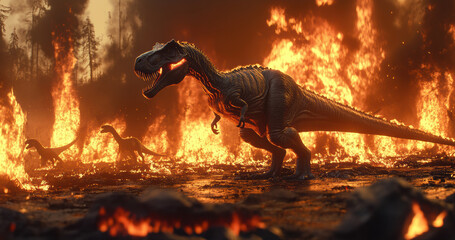 Tyrannosaurus rex amid volcanic inferno roaring, molten lava rivers carving charred earth, towering flames casting orange silhouettes, ash clouds swirling, apex