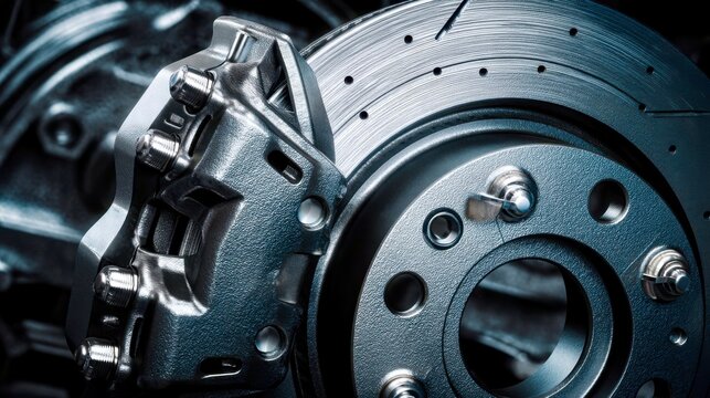 Close-up view of a high-performance automotive brake system with a focus on the brake caliper and rotor in a detailed and sleek design showcasing engineering excellence