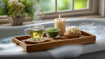 Wooden tray with green tea, matcha powder, and candle on bathtub edge creating spa atmosphere for relaxation and self-care ritual.