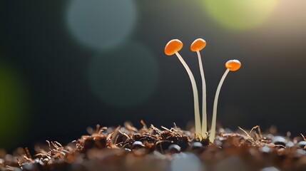 Tiny orange mushrooms sprouting from forest floor with delicate stems against dark blurred background, showcasing nature's miniature ecosystem.