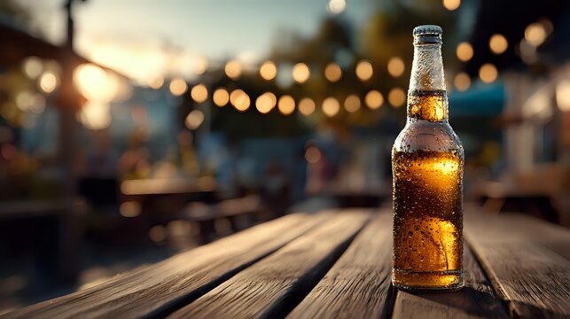 Cold beer bottle on wooden table with blurred festive outdoor party lights in background creating warm evening ambiance. - Powered by Adobe