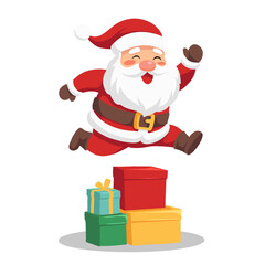 Happy Santa Claus jumping over gifts, festive holiday cheer