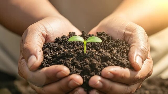 human hands carefully hold fertile soil with small green seedling. nurturing new life represents hope and fresh beginnings. environmental conservation, sustainable growth concept, ecology.