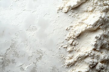 Fototapeta premium White flour scattered on textured surface, creating contrast between smooth background and powdery mounds for baking preparation.
