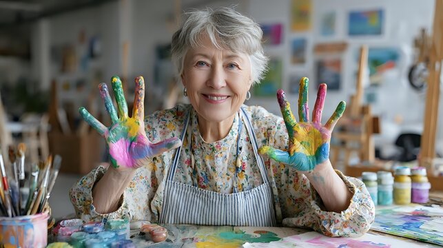 Senior woman artist showing colorful paint-covered hands in creative art studio with supplies, paintings, and easels in background.