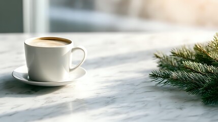 White coffee cup on marble table with pine branches, morning sunlight creating cozy winter atmosphere for holiday season.