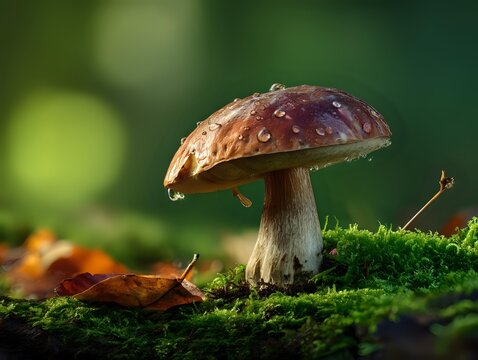 Brown mushroom with water droplets growing on moss in forest with autumn leaf and soft green bokeh background. - Powered by Adobe