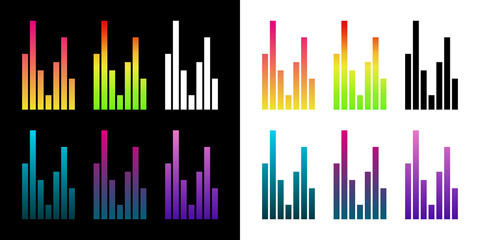 An equalizer or sound icon. A sound wave, spectrogram (sonogram), or diagram. A symbol for sound volume. A screen or player attribute. A symbol for sound, speech (voice), or music. Raster icon.