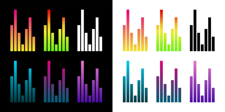 An equalizer or sound icon. A sound wave, spectrogram (sonogram), or diagram. A symbol for sound volume. A screen or player attribute. A symbol for sound, speech (voice), or music. Raster icon.