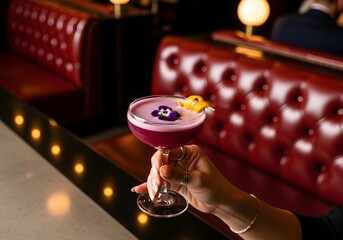 Hand Holding a Violet Cocktail with Floral Garnish in a Luxurious Bar Setting, Red Booths.