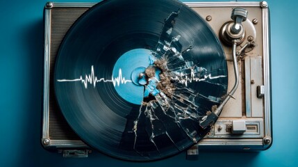 Broken vinyl record on turntable with sound waves illustrating damaged music experience and nostalgic vibes