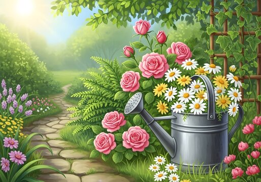 Charming Garden Illustration Roses, Daisies, Watering Can, Path, Lush Greenery, Sunlight, and Artistic Floral Landscape